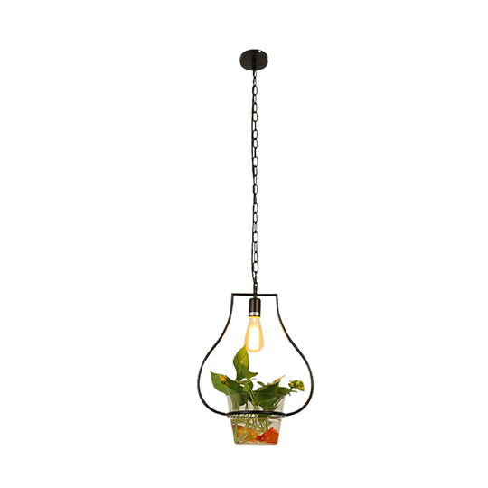 Black Retro Iron Pendant Light With Potted Plant - Perfect For Restaurants