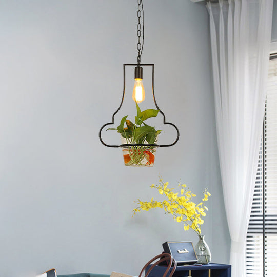 Retro Black 1-Head Pendant Light with Iron Square/Round/Gourd Design for Restaurant Décor