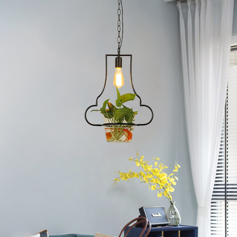 Black Retro Iron Pendant Light With Potted Plant - Perfect For Restaurants