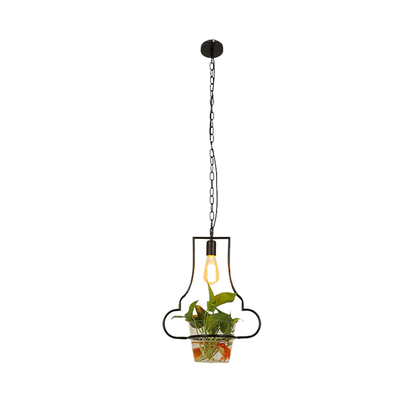 Retro Black 1-Head Pendant Light with Iron Square/Round/Gourd Design for Restaurant Décor