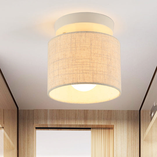 Sleek Mini Barrel Ceiling Flush Light for Foyer - Semi Mount, Simplicity Fabric, 1 Bulb, Flaxen/White