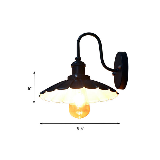 Industrial Gooseneck Wall Sconce With Scalloped Shade 1 Light - Black 9.5/13 Width