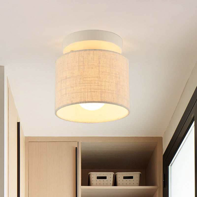 Sleek Mini Barrel Ceiling Flush Light for Foyer - Semi Mount, Simplicity Fabric, 1 Bulb, Flaxen/White