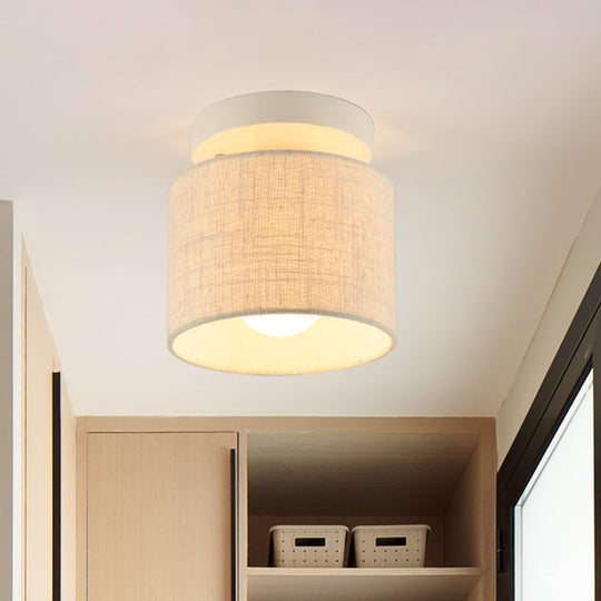 Sleek Mini Barrel Ceiling Flush Light For Foyer - Semi Mount Simplicity Fabric 1 Bulb Flaxen/White