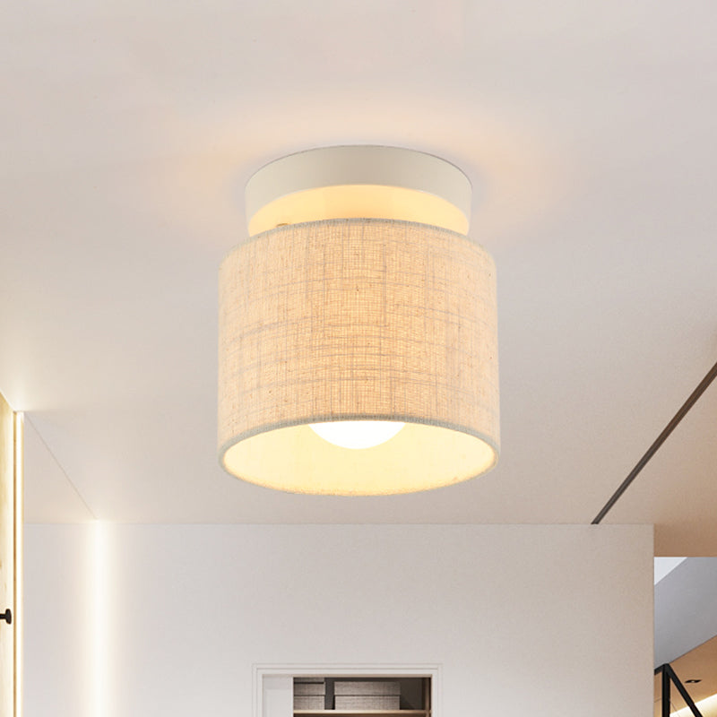 Sleek Mini Barrel Ceiling Flush Light for Foyer - Semi Mount, Simplicity Fabric, 1 Bulb, Flaxen/White