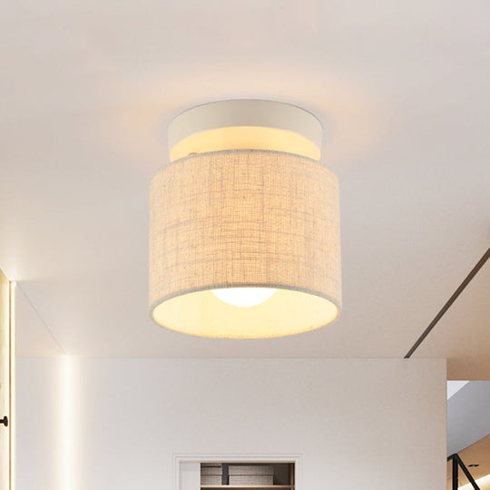 Sleek Mini Barrel Ceiling Flush Light For Foyer - Semi Mount Simplicity Fabric 1 Bulb Flaxen/White