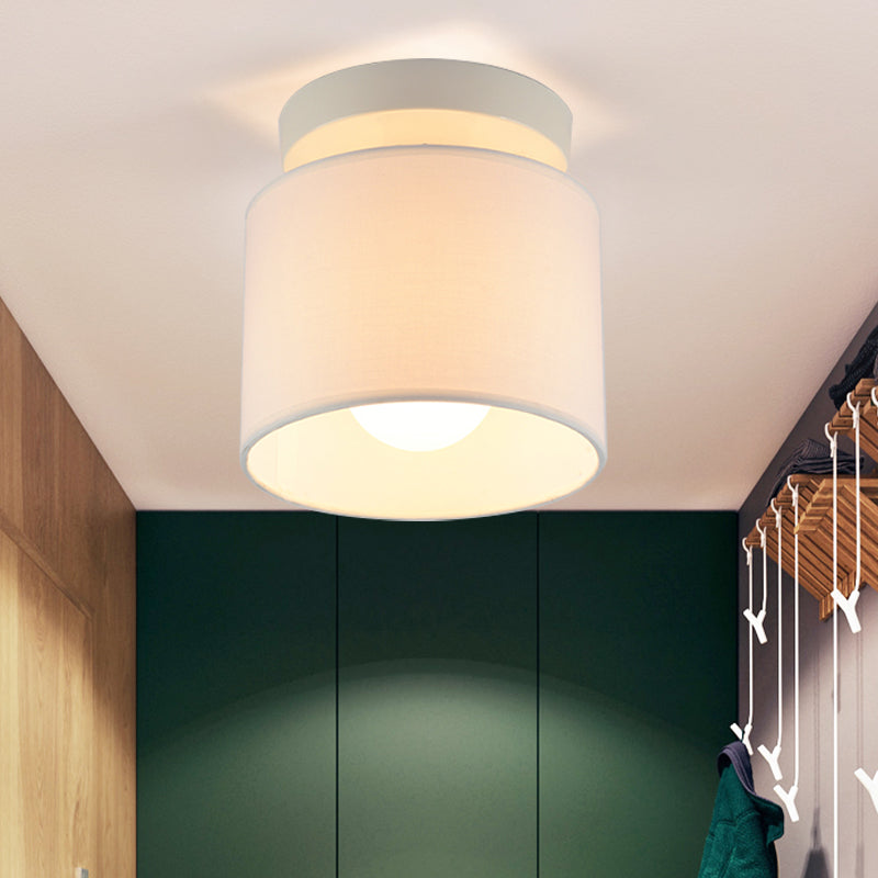 Sleek Mini Barrel Ceiling Flush Light for Foyer - Semi Mount, Simplicity Fabric, 1 Bulb, Flaxen/White