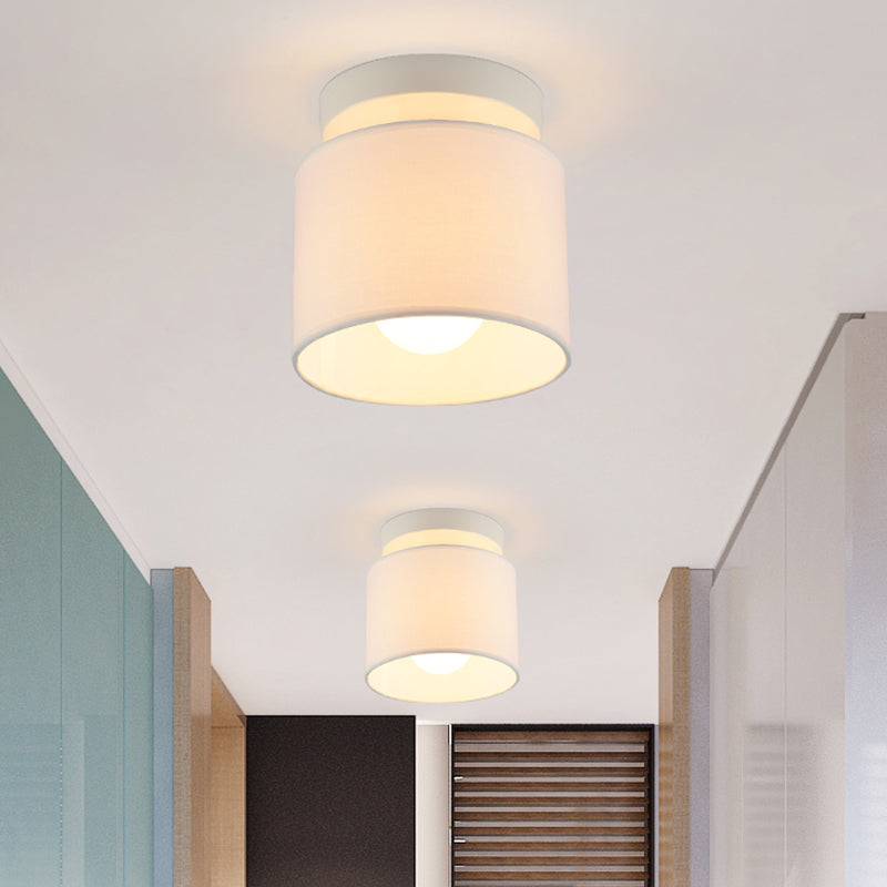 Sleek Mini Barrel Ceiling Flush Light for Foyer - Semi Mount, Simplicity Fabric, 1 Bulb, Flaxen/White