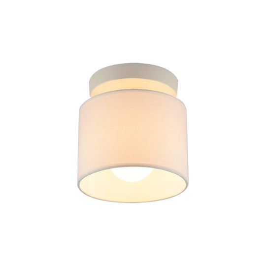 Sleek Mini Barrel Ceiling Flush Light For Foyer - Semi Mount Simplicity Fabric 1 Bulb Flaxen/White