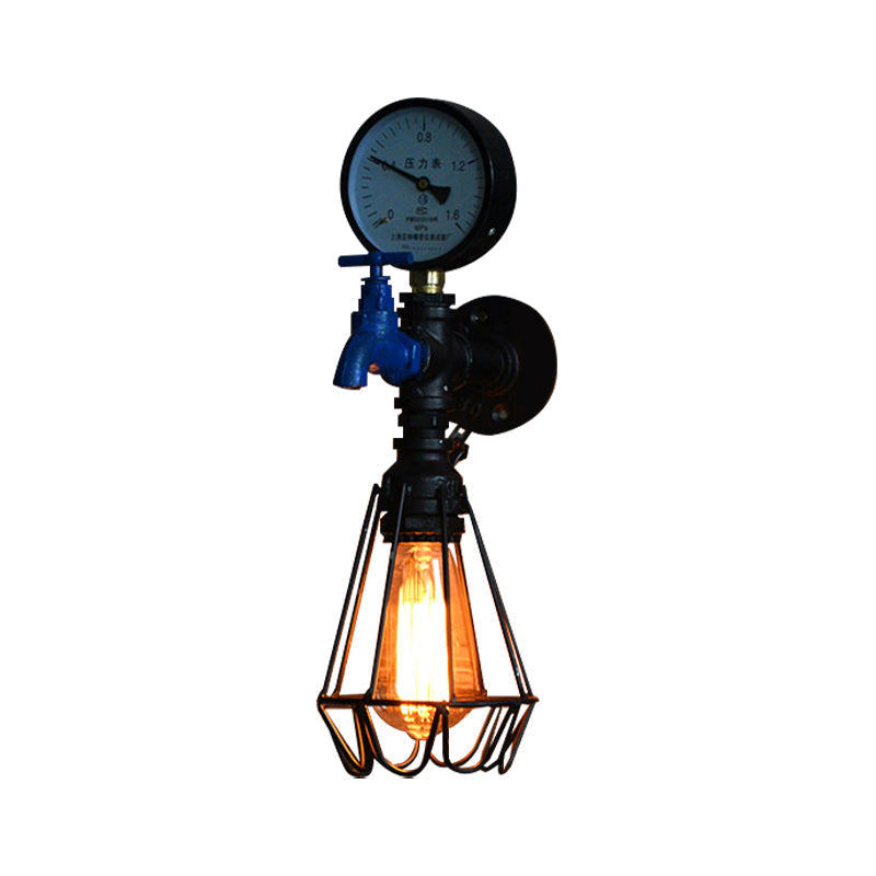 Silver/Blue Industrial Diamond Cage Wall Lamp With Gauge And Faucet - 1 Light Wrought Iron Lighting