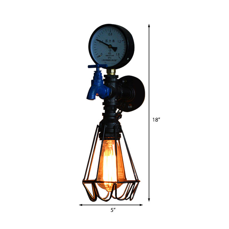 Silver/Blue Industrial Diamond Cage Wall Lamp With Gauge And Faucet - 1 Light Wrought Iron Lighting