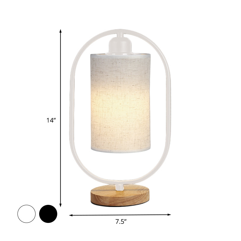 Modern Fabric 1-Light Column Nightstand Lamp With Ellipse Frame And Wood Base In Black/White -