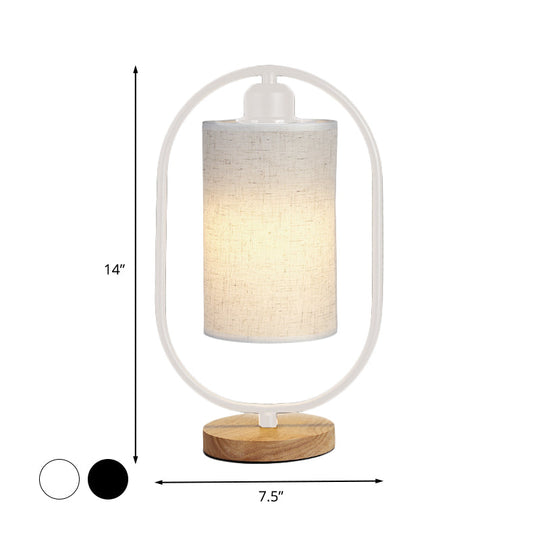 Modern Fabric 1-Light Column Nightstand Lamp With Ellipse Frame And Wood Base In Black/White -