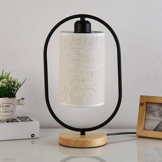 Lara - Modern Column Plug In Nightstand Lighting Modern Fabric 1-Light Bedside Table Light with Black/White Ellipse Frame and Wood Base