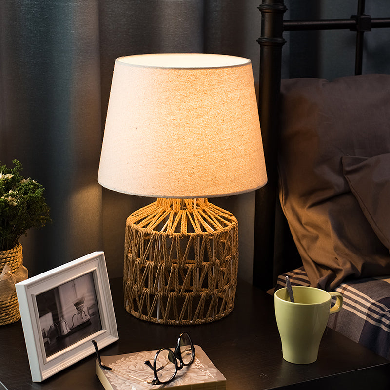 Naos - Nordic Flaxen Empire Shade Nightstand Light Nordic 1 Bulb Fabric Table Lamp with Rope Woven Urn Base