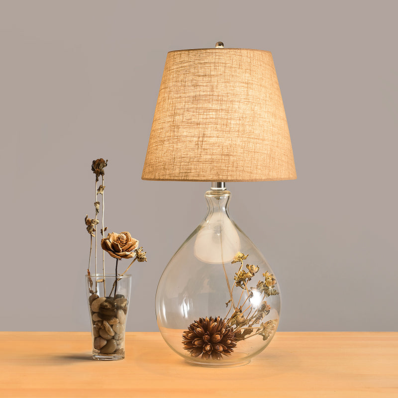 Contemporary Clear Waterdrop Glass Table Lamp With Floral Decor And Fabric Shade