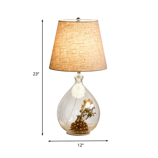 Contemporary Clear Waterdrop Glass Table Lamp With Floral Decor And Fabric Shade