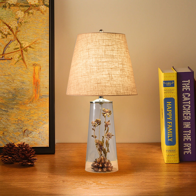 Contemporary Clear Waterdrop Glass Table Lamp With Floral Decor And Fabric Shade