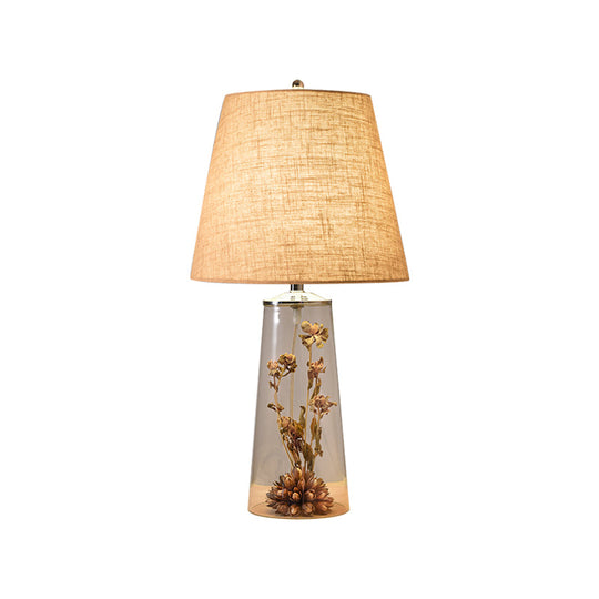 Contemporary Clear Waterdrop Glass Table Lamp With Floral Decor And Fabric Shade