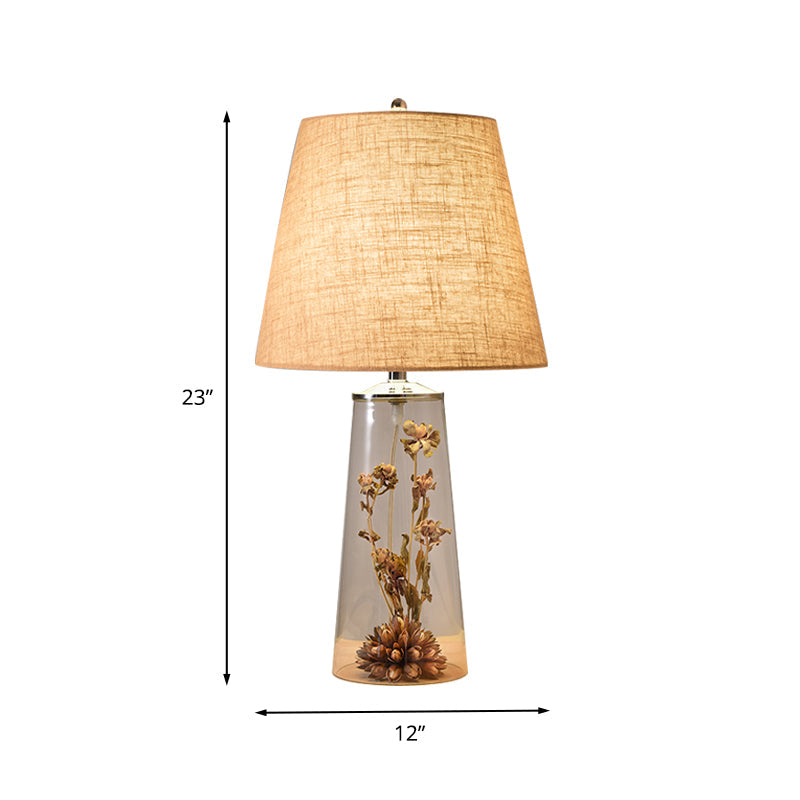 Contemporary Clear Waterdrop Glass Table Lamp With Floral Decor And Fabric Shade