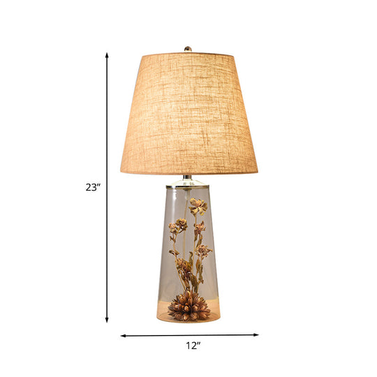 Contemporary Clear Waterdrop Glass Table Lamp With Floral Decor And Fabric Shade