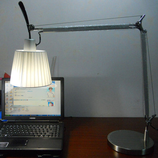 Modernist Chrome Desk Lamp - Truncated Cone Pleated Fabric 2-Joint Swing Arm Task Light