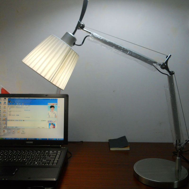 Modernist Chrome Desk Lamp - Truncated Cone Pleated Fabric 2-Joint Swing Arm Task Light