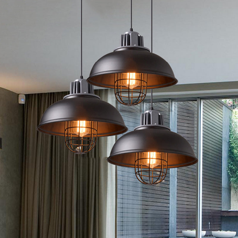 Industrial Pendant Light - White/Black Factory Iron Bowl Shape Ceiling Lamp with Wire Cage Frame