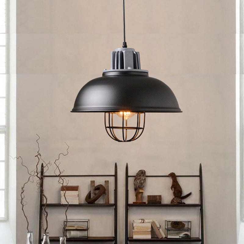 Industrial Pendant Light - White/Black Factory Iron Bowl Shape Ceiling Lamp with Wire Cage Frame