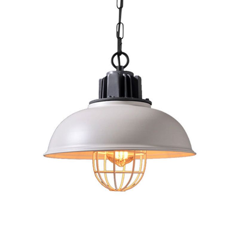 Industrial Pendant Light - White/Black Factory Iron Bowl Shape Ceiling Lamp with Wire Cage Frame