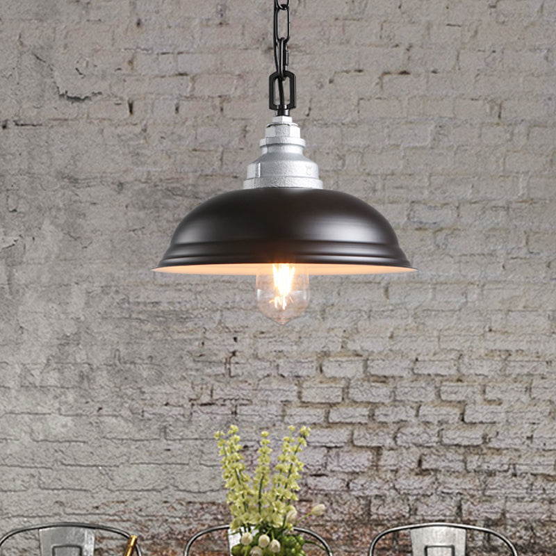 Black Bowl-Shaped Iron Pendant Lamp: Restaurant Lighting Fixture (1-Head) - Factory Made & Suspended