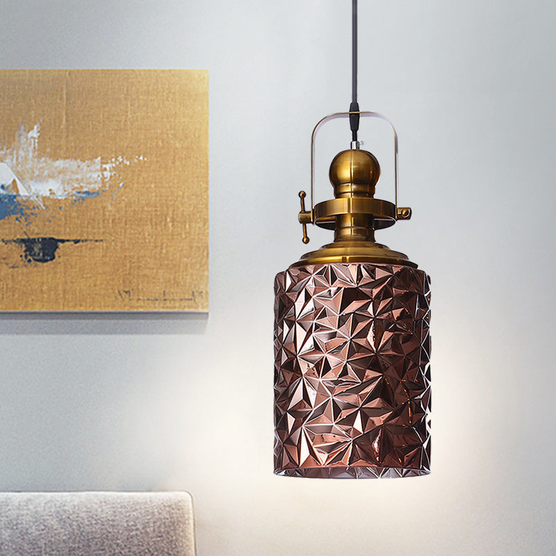 Loft Cylindrical Ceiling Pendant Light - Rust/Chrome/Gold Textured Glass Restaurant Lighting Rust