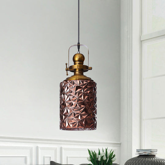 Loft Cylindrical Ceiling Pendant Light - Rust/Chrome/Gold Textured Glass Restaurant Lighting