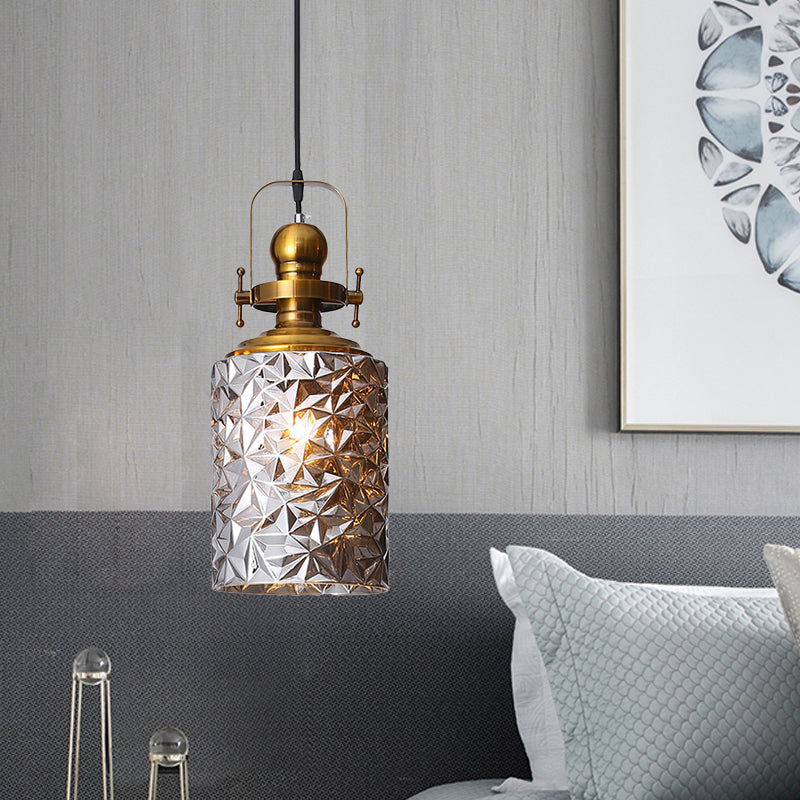 Loft Cylindrical Ceiling Pendant Light - Rust/Chrome/Gold Textured Glass Restaurant Lighting