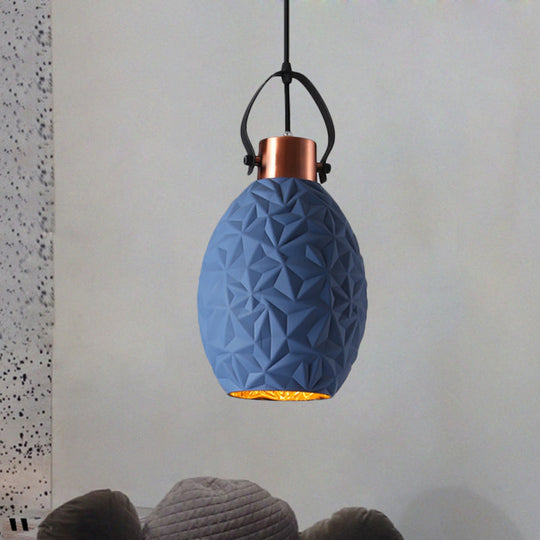 Elliptical Industrial Pendant Light with Textured Glass - Black/White/Blue - 1 Bulb - Copper Hanging - Handle Included