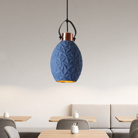 Elliptical Industrial Pendant Light with Textured Glass - Black/White/Blue - 1 Bulb - Copper Hanging - Handle Included