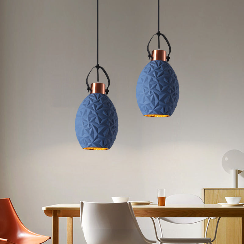 Elliptical Industrial Pendant Light with Textured Glass - Black/White/Blue - 1 Bulb - Copper Hanging - Handle Included