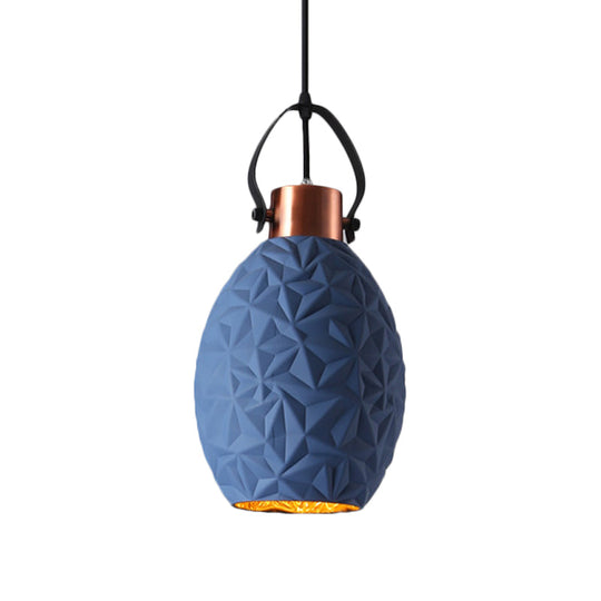 Elliptical Industrial Pendant Light with Textured Glass - Black/White/Blue - 1 Bulb - Copper Hanging - Handle Included