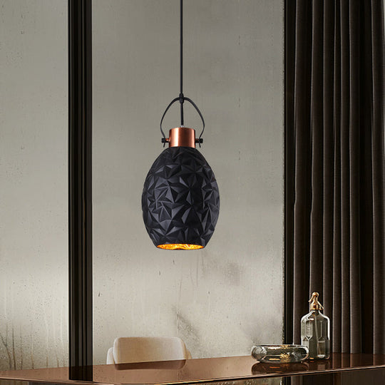 Elliptical Industrial Pendant Light with Textured Glass - Black/White/Blue - 1 Bulb - Copper Hanging - Handle Included