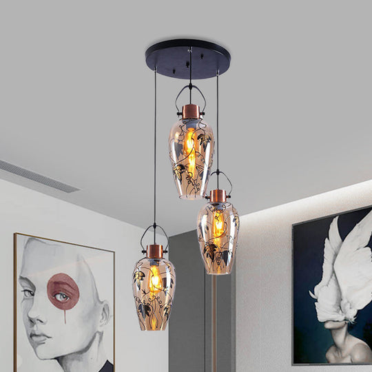 Industrial Amber Glass Pendant Ceiling Lamp With Gold Conical Design Multi Light 2/3 Heads - Ideal