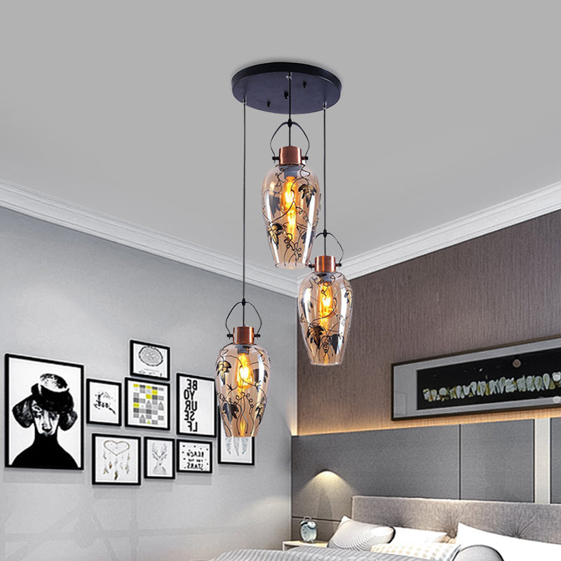 Amber Glass Gold Conical Pendant Light with Maple Leaf Pattern - Industrial Style, 2/3 Head Ceiling Lamp for Dining Room