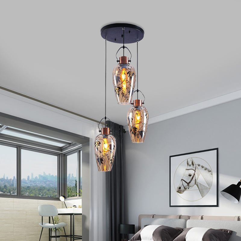 Amber Glass Gold Conical Pendant Light with Maple Leaf Pattern - Industrial Style, 2/3 Head Ceiling Lamp for Dining Room