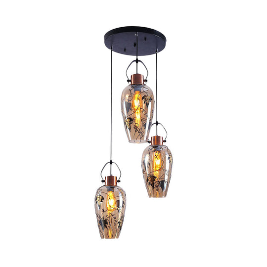 Amber Glass Gold Conical Pendant Light with Maple Leaf Pattern - Industrial Style, 2/3 Head Ceiling Lamp for Dining Room