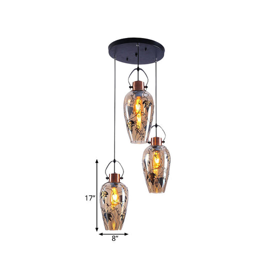 Amber Glass Gold Conical Pendant Light with Maple Leaf Pattern - Industrial Style, 2/3 Head Ceiling Lamp for Dining Room