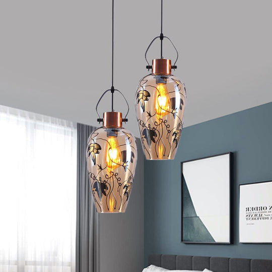 Amber Glass Gold Conical Pendant Light with Maple Leaf Pattern - Industrial Style, 2/3 Head Ceiling Lamp for Dining Room