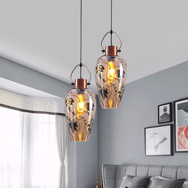 Amber Glass Gold Conical Pendant Light with Maple Leaf Pattern - Industrial Style, 2/3 Head Ceiling Lamp for Dining Room