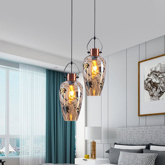 Amber Glass Gold Conical Pendant Light with Maple Leaf Pattern - Industrial Style, 2/3 Head Ceiling Lamp for Dining Room