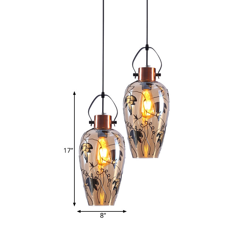 Amber Glass Gold Conical Pendant Light with Maple Leaf Pattern - Industrial Style, 2/3 Head Ceiling Lamp for Dining Room