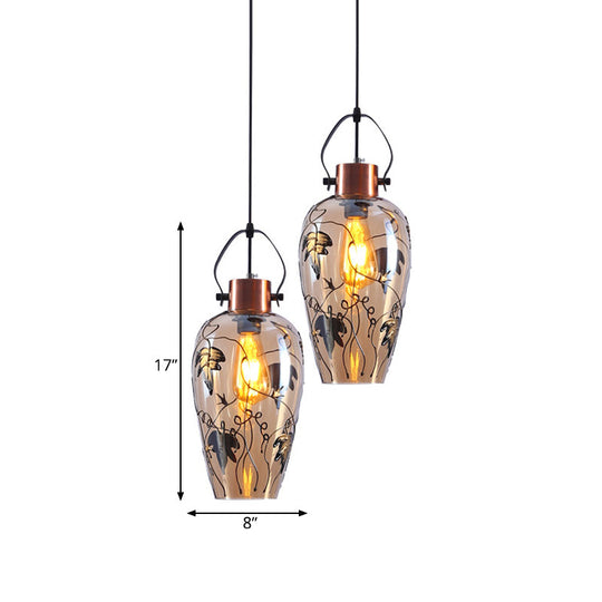 Amber Glass Gold Conical Pendant Light with Maple Leaf Pattern - Industrial Style, 2/3 Head Ceiling Lamp for Dining Room