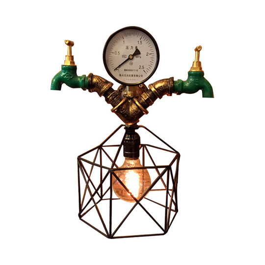 Hexagon Cage Wall Sconce: Antique Brass Metallic Industrial Light With Faucet And Gauge Deco